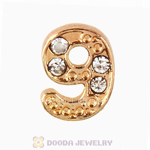 Gold Plated Alloy Number 9 with Crystal Floating Locket Charms Wholesale