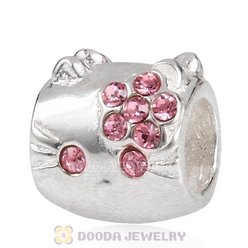European Style Sterling Silver KT Cat Bead with Light Rose Austrian Crystal