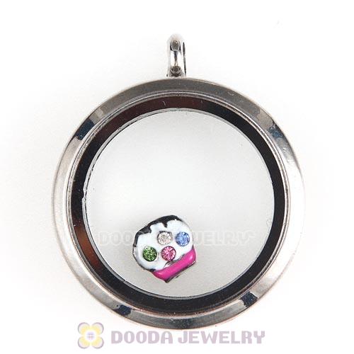 Platinum Plated Alloy Enamel Cupcake with Crystal Floating Locket Charms Wholesale