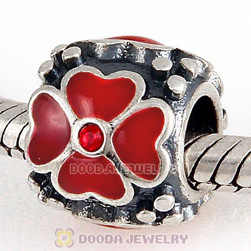 Sterling Silver Enamel Red four-leaf clover with Crystal Charm Beads