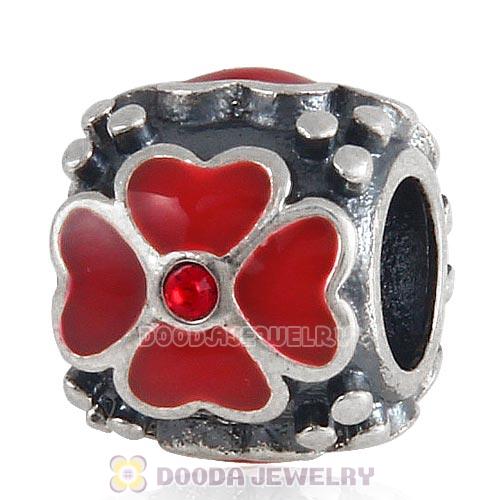 Sterling Silver Enamel Red four-leaf clover with Crystal Charm Beads