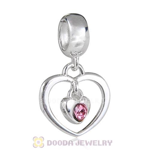European Style Sterling Silver Dangle Radiant Heart Beads with Light Rose Austrian Crystal
