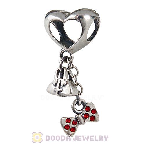 Sterling Silver Dangle Fashionably Tied Minnie Mouse Bow Beads with Light Siam Austrian Crystal