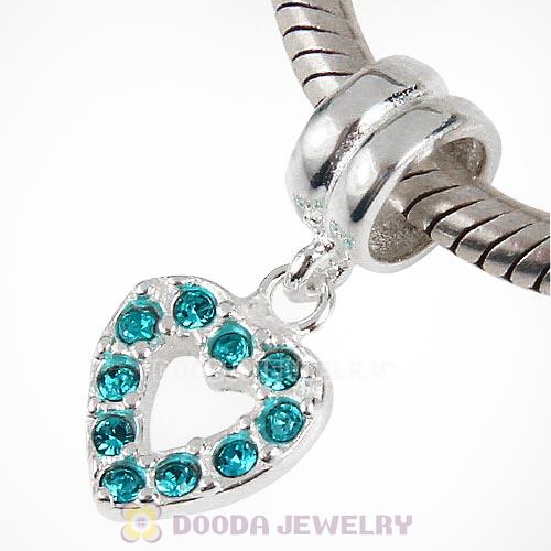 Sterling Silver Heart Dangle Charms with Blue Zircon Austrian Crystal