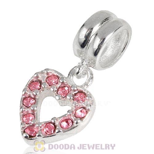 Sterling Silver Heart Dangle Charms with Light Rose Austrian Crystal