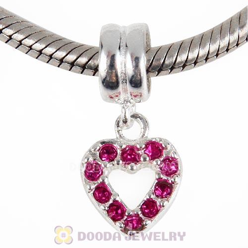 Sterling Silver Heart Dangle Charms with Fuchsia Austrian Crystal