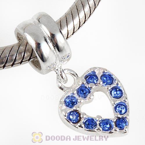Sterling Silver Heart Dangle Charms with Sapphire Austrian Crystal