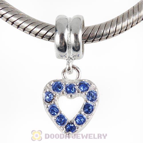 Sterling Silver Heart Dangle Charms with Sapphire Austrian Crystal
