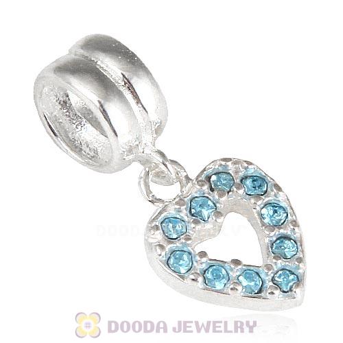 Sterling Silver Heart Dangle Charms with Aquamarine Austrian Crystal