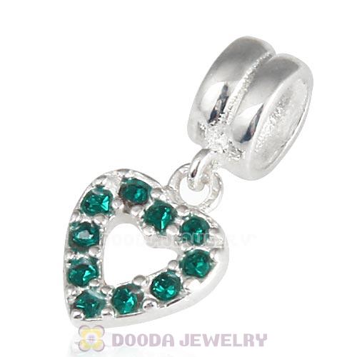 Sterling Silver Heart Dangle Charms with Emerald Austrian Crystal