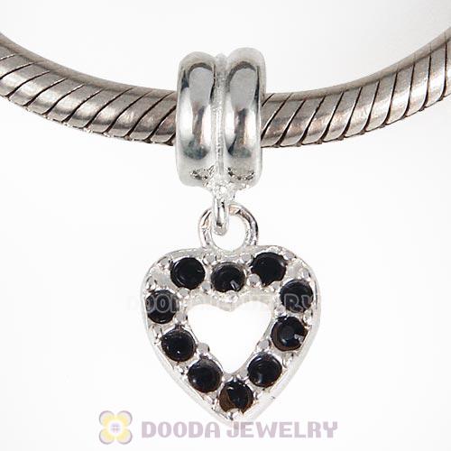 Sterling Silver Heart Dangle Charms with Jet Austrian Crystal