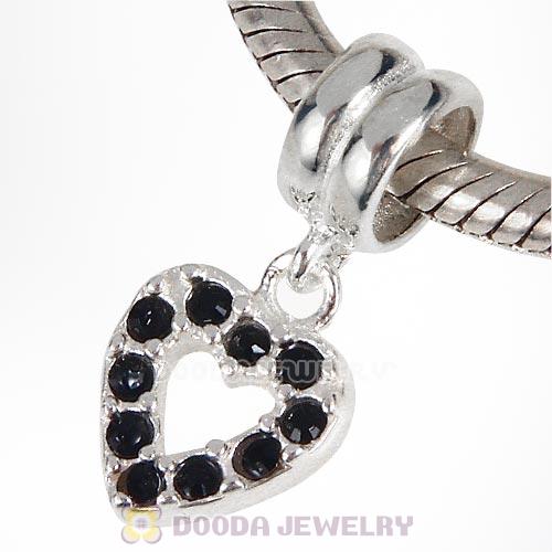 Sterling Silver Heart Dangle Charms with Jet Austrian Crystal
