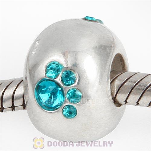 Sterling Silver Dog Paw Prints Beads With Blue Zircon Austrian Crystal