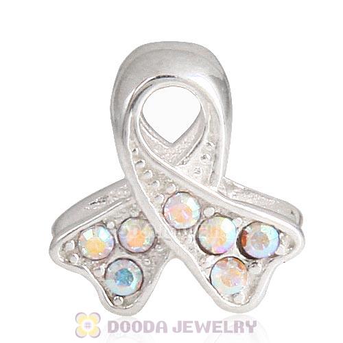 Sterling Silver Ribbon Lung Cancer Bead with Clear AB Austrian Crystal