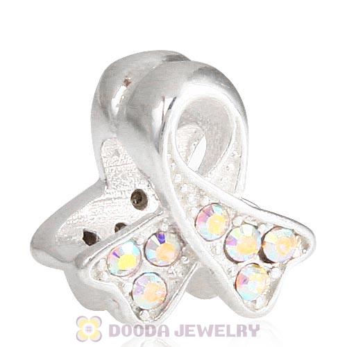Sterling Silver Ribbon Lung Cancer Bead with Clear AB Austrian Crystal
