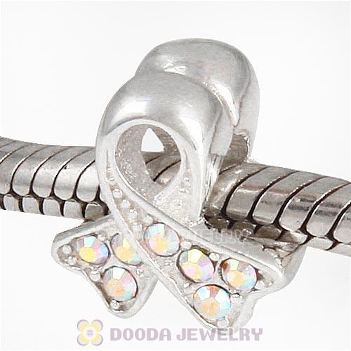 Sterling Silver Ribbon Lung Cancer Bead with Clear AB Austrian Crystal
