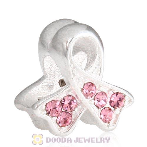 Sterling Silver Ribbon Lung Cancer Bead with Light Rose Austrian Crystal