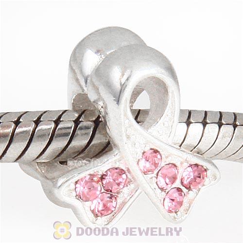 Sterling Silver Ribbon Lung Cancer Bead with Light Rose Austrian Crystal
