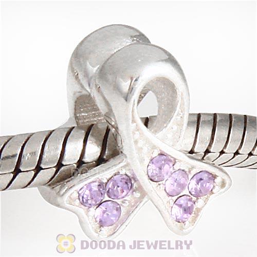 Sterling Silver Ribbon Lung Cancer Bead with Violet Austrian Crystal