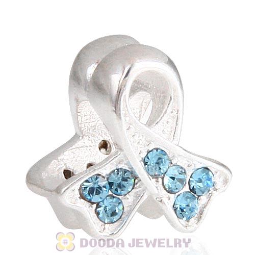 Sterling Silver Ribbon Lung Cancer Bead with Aquamarine Austrian Crystal