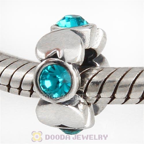 European Sterling Silver Heart Spacer Beads with Blue Zircon Austrian Crystal