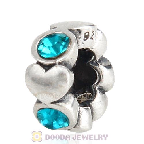 European Sterling Silver Heart Spacer Beads with Blue Zircon Austrian Crystal