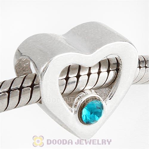 Sterling Silver European Heart Beads with Blue Zircon Austrian Crystal
