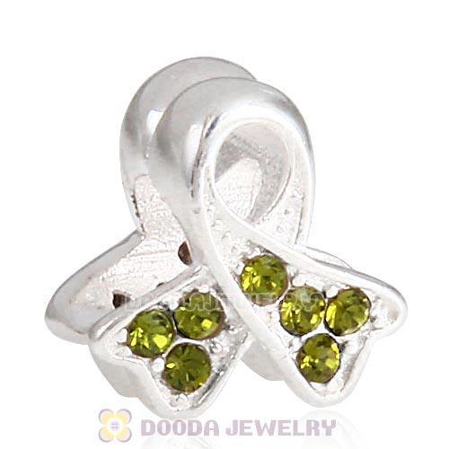 Sterling Silver Ribbon Lung Cancer Bead with Olivine Austrian Crystal
