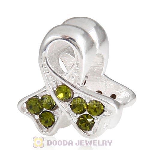 Sterling Silver Ribbon Lung Cancer Bead with Olivine Austrian Crystal