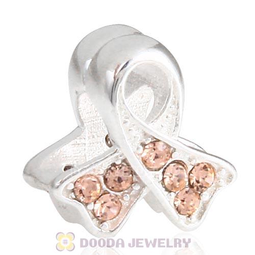 Sterling Silver Ribbon Lung Cancer Bead with Light Peach Austrian Crystal