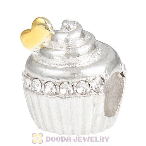 Sterling Silver Golden Heart Cupcake Bead with Clear Austrian Crystal