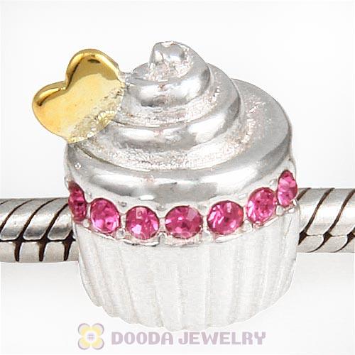 Sterling Silver Golden Heart Cupcake Bead with Rose Austrian Crystal