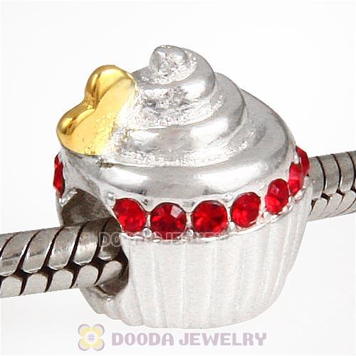 Sterling Silver Golden Heart Cupcake Bead with Light Siam Austrian Crystal