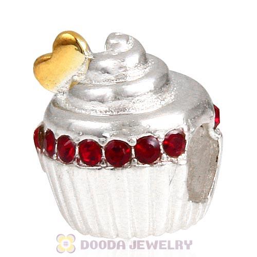 Sterling Silver Golden Heart Cupcake Bead with Siam Austrian Crystal