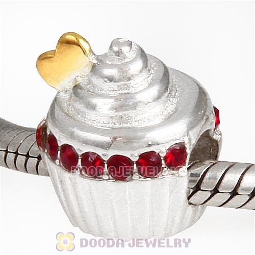 Sterling Silver Golden Heart Cupcake Bead with Siam Austrian Crystal