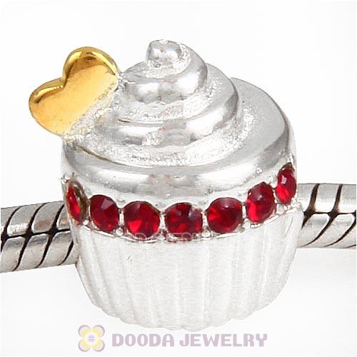 Sterling Silver Golden Heart Cupcake Bead with Siam Austrian Crystal
