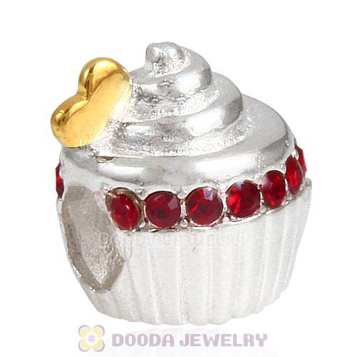 Sterling Silver Golden Heart Cupcake Bead with Siam Austrian Crystal
