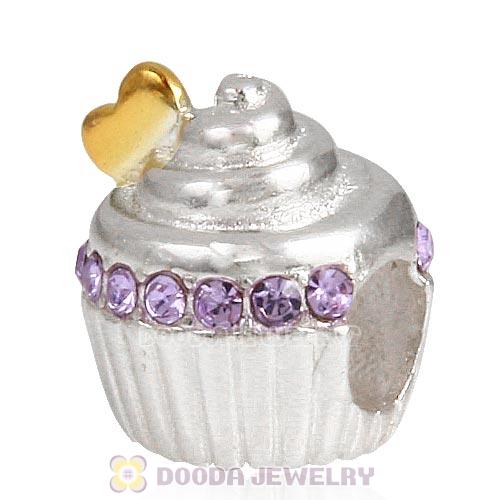 Sterling Silver Golden Heart Cupcake Bead with Violet Austrian Crystal
