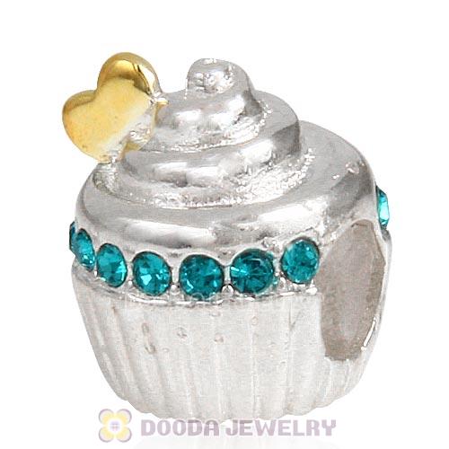 Sterling Silver Golden Heart Cupcake Bead with Blue Zircon Austrian Crystal