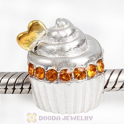 Sterling Silver Golden Heart Cupcake Bead with Topaz Austrian Crystal