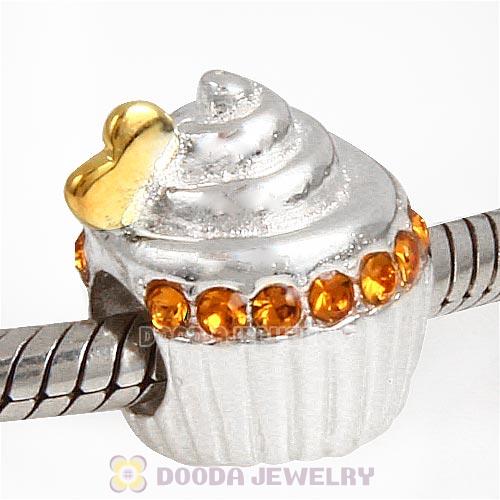 Sterling Silver Golden Heart Cupcake Bead with Topaz Austrian Crystal