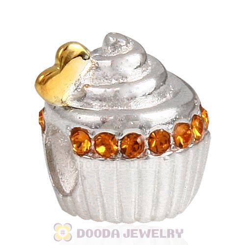 Sterling Silver Golden Heart Cupcake Bead with Topaz Austrian Crystal
