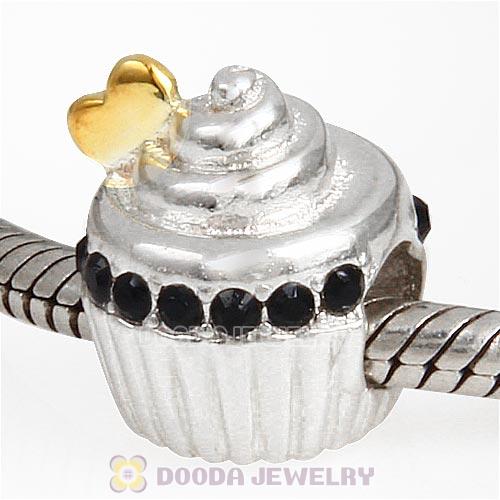 Sterling Silver Golden Heart Cupcake Bead with Jet Austrian Crystal