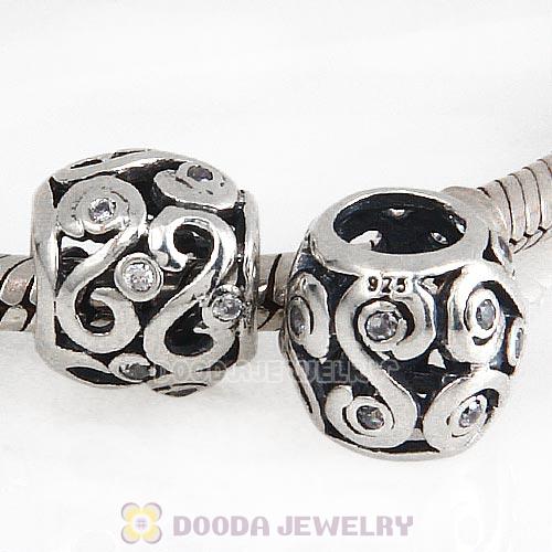 Antique Sterling Silver Ocean Wave Charm Beads with White CZ Stones