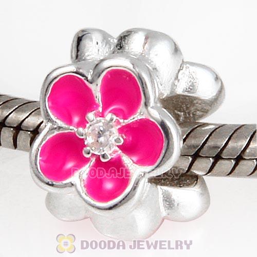 925 Sterling Rose Enamel European Jasmine Charm Beads With CZ Stones
