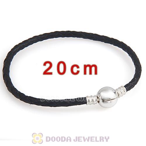 20cm Black Braided Leather Bracelet with Silver Round Clip fit European Beads