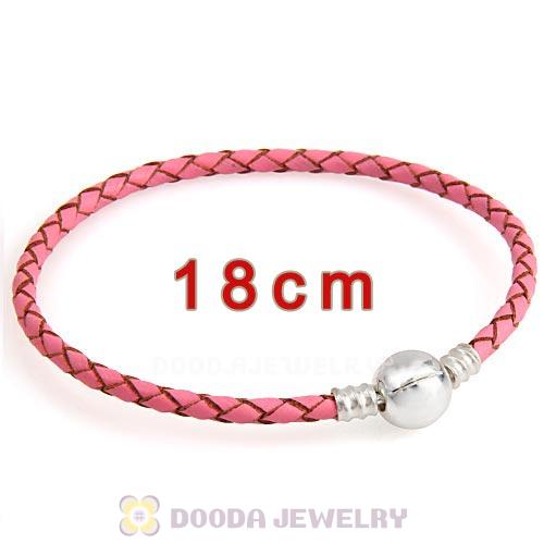 18cm Pink Braided Leather Bracelet with Silver Round Clip fit European Beads