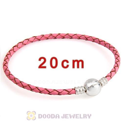 20cm Pink Braided Leather Bracelet with Silver Round Clip fit European Beads