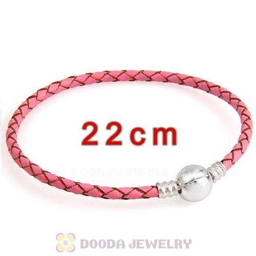 22cm Pink Braided Leather Bracelet with Silver Round Clip fit European Beads