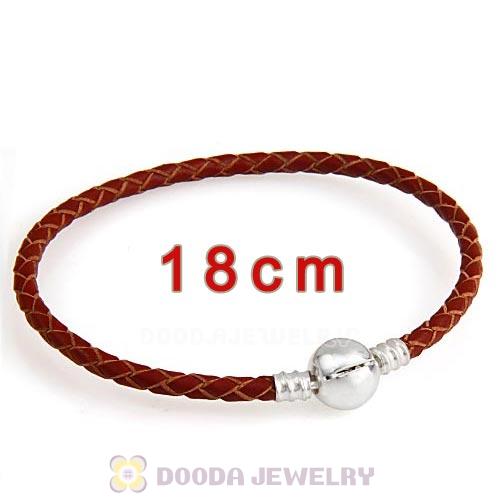 18cm Brown Braided Leather Bracelet with Silver Round Clip fit European Beads